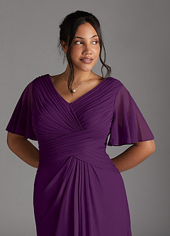 Azazie Emmeline Mother of the Bride Dresses Grape A-Line V-Neck Pleated Mesh Dress image10