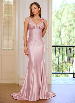 Marina Pink Wrinkle Deep V-neck Mermaid Prom Dress image3