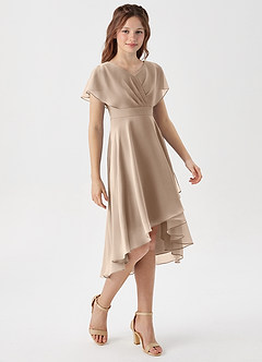 Azazie Graciela Junior Taupe A-Line Pleated Chiffon Dress image4