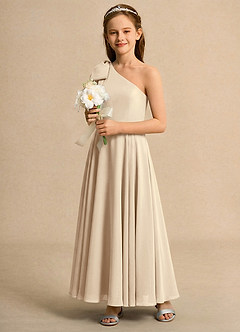 Azazie Guppy Junior Formal vestidos de niña de las flores Vestido de Champán de Gasa de Corte En A con Hombro unilateral image6