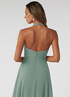 Azazie Tessie Robes à essayer chez vous Robe Trapèze en Mousseline de soie Col V plissé Matcha image4