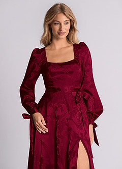 Azazie Leonia 신부 들러리 드레스 A라인 긴팔 자카드 바닥 길이 드레스 image2