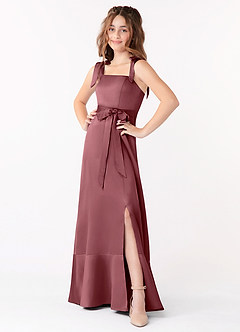 Azazie Barbara Junior Desert Rose A-Line Bow Stretch Satin Dress image1