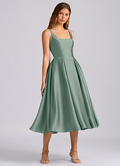 Azazie Amalie Bridesmaid Dresses Silver Sage A-Line Pleated Stretch Satin Dress image1