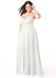 Azazie Avelina Robes de demoiselle d'honneur Robe Trapèze en Mousseline de soie Col V plissé Blanc image3