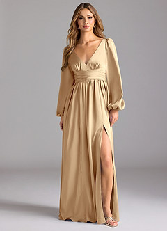 Azazie Norah Robes de demoiselle d'honneur Robe Trapèze en Satin extensible Champagne image1