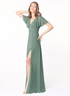 Azazie Kimber Brautjungfernkleider A-Linie Volantärmel Chiffon Kleid Silberner Salbei image4