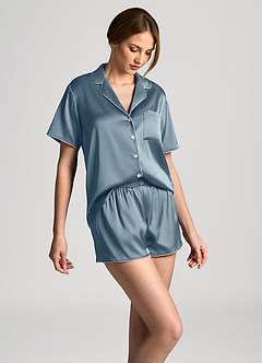 front Satin Lurex Trim Short Sleeve Pajama Set