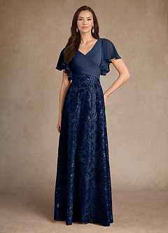 Azazie Fallon Mother of the Bride Dresses Dark Navy A-Line Pleated Lace Dress image3
