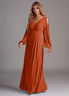 Azazie Matilda Bridesmaid Dresses Burnt Orange A-Line Long Sleeve Chiffon Dress image1