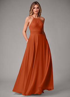 Azazie Amalia Robes de demoiselle d'honneur Robe Trapèze en Mousseline de soie Plissée Orange Brûlée image1