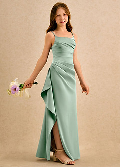 Azazie Cannoli Girls Formal Robe Demoiselle D'honneur Fillette Robe Trapèze en Satin extensible Plissée Agave image1