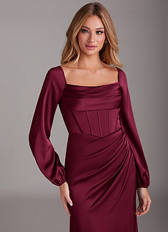 Azazie Charissa Bridesmaid Dresses Burgundy Sheath Long Sleeve Stretch Satin Dress image7