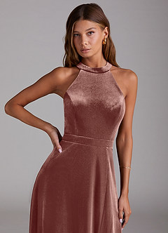 Azazie Clarice Final Sale Rustic Rose A-Line High Neck Velvet Dress image5