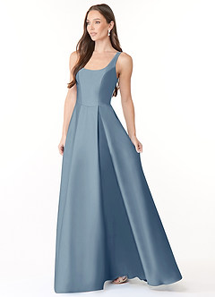 Azazie Neve Vestidos de damas de honor Vestido de Azul Polvoriento de Satén Elástico de Corte Princesa con Con bolsillos image3