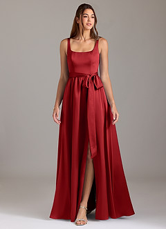 Azazie Elliott Bridesmaid Dresses Pomegranate A-Line with Pockets Stretch Satin Dress image3