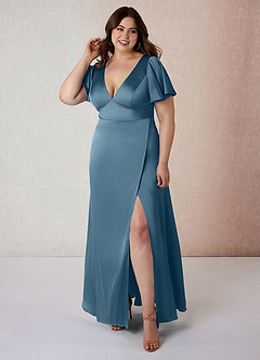 Azazie Lani Brautjungfernkleider A-Linie Volantärmel Stretch-Satin Kleid Bermudablau image7
