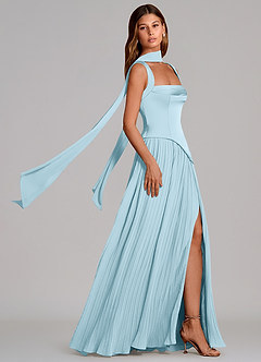 Azazie Stephanie Vestidos de damas de honor Vestido de Azul Cielo de Satén Elástico de Corte en A con Plisado image3
