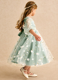 Azazie Elowen Blumenmädchenkleider A-Linie Herzausschnitt Spitze Kleid Matcha image6