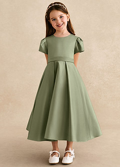 Azazie Princess Robe Demoiselle D'honneur Fillette Robe Trapèze en Mat Satiné Plissée Pistache image6
