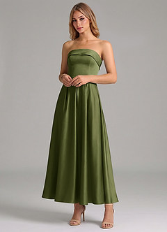 Azazie Lucienne Bridesmaid Dresses Olive A-Line Pleated Stretch Satin Dress image4