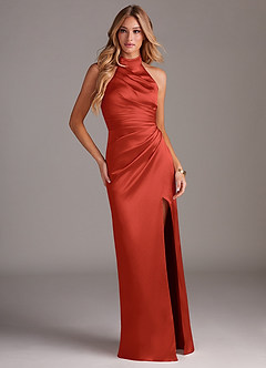 Azazie Jemma Bridesmaid Dresses Rust Sheath Pleated Stretch Satin Dress image3