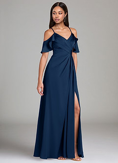 Azazie Dakota Bridesmaid Dresses Dark Navy A-Line Off the Shoulder Stretch Satin Dress image1