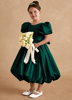 Azazie Jellybean Flower Girl Dresses Pine Ball-Gown Ruched Matte Satin Dress image1