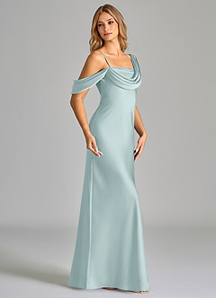 Azazie Celina Bridesmaid Dresses Mist Sheath Off the Shoulder Stretch Satin Dress image4