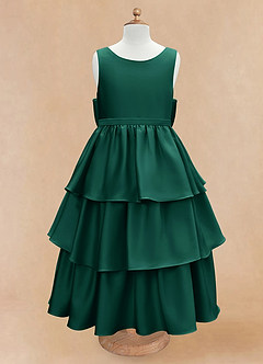 Azazie Margie Flower Girl Dresses Emerald A-Line Bow Stretch Satin Dress image4