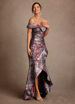 Azazie Winnetka Moeder van de bruid jurken Zeemeermin Jurk van Bloemenjacquard Off the Shoulder Merlot Bloemig image4