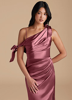 Azazie Xyla Robes de demoiselle d'honneur Robe Fourreau Convertible en Satiné métallisé Épaule décolletée Rose Du Désert image2