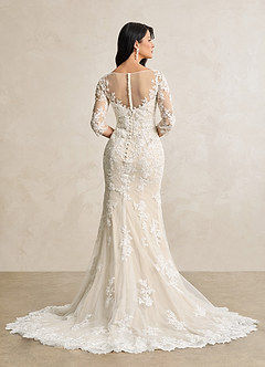 Azazie Neela Hochzeitskleider Meerjungfrau-Linie V-Hals Spitze Tüll Kleid Diamantweiß Champagner image5