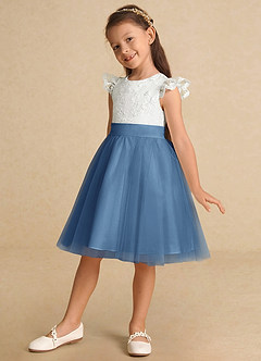 Azazie Vetty Flower Girl Dresses Ivory Steel Blue A-Line Lace Tulle Dress image3