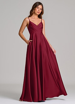 Azazie Amani Bridesmaid Dresses Burgundy A-Line Pleated Stretch Satin Dress image4