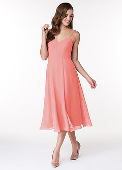 Azazie Clarissa Bridesmaid Dresses Coral A-Line V-Neck Chiffon Dress image4