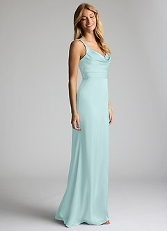 Azazie Elida Bridesmaid Dresses Sea Glass Sheath Pleated Stretch Satin Dress image3
