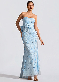 Azazie Blue 3D Flowers Sleeveless Column Evening Dress / Gown