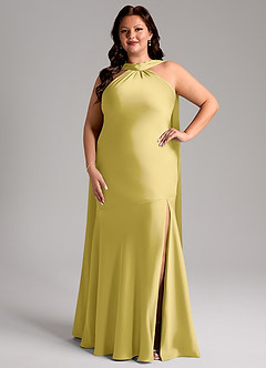 Azazie Kinsley Vestidos de madrinha de casamento Vestido Canário de Cetim elástico de sereia com Racha Lateral image7