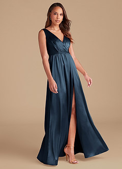 Azazie Tanicia Brautjungfernkleider A-Linie Plissee Metallischer Satin Kleid Dunkelmarine image4