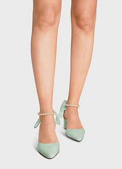 front Matching Color Matte Satin Pearl and Bow Pointed Toe Block Heels