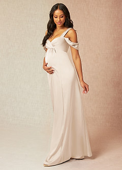 Azazie Rhea Maternity Bridesmaid Dresses A-Line Off-The-Shouler Pleated Stretch Satin Floor-Length Dress image3
