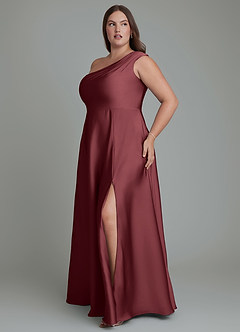 Azazie Melanie Robes de demoiselle d'honneur Robe Trapèze en Satin extensible Épaules dénudées Merlot image11