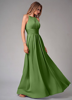 Azazie Bonnie Bridesmaid Dresses Basil A-Line Pleated Stretch Satin Dress image4