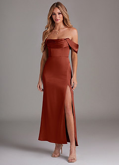 Azazie Saige Bridesmaid Dresses Terracotta Mermaid Off the Shoulder Stretch Satin Dress image3
