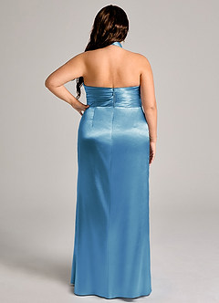 Azazie Jemma Bridesmaid Dresses Steel Blue Sheath Pleated Metallic Satin Dress image9