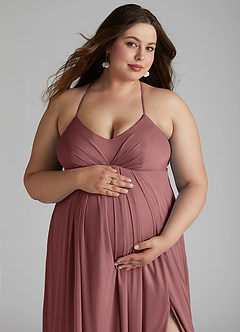 Azazie Annabelle Maternity Bridesmaid Dresses A-Line V-Neck Pleated Mesh Floor-Length Dress image11