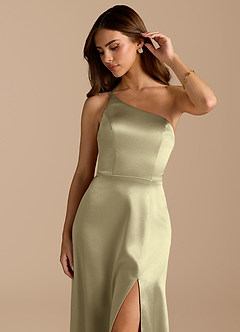 Azazie Trina At-home Try On Dresses Auburn A-Line One Shoulder Metallic Satin Dress image7