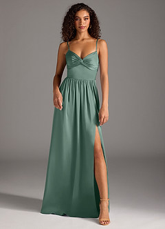Azazie Zeya Bridesmaid Dresses Eucalyptus A-Line Pleated Stretch Satin Dress image2