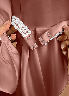 Azazie Gabriella Flower Girl Dresses Cedar Rose Ball-Gown with Sleeves Matte Satin Dress image7